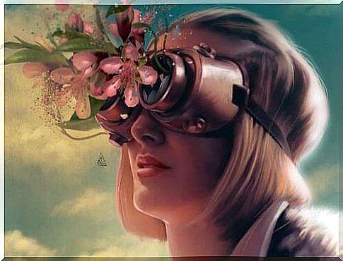 Woman with binoculars full of flowers