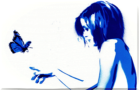 Blue and white drawing of woman with butterfly